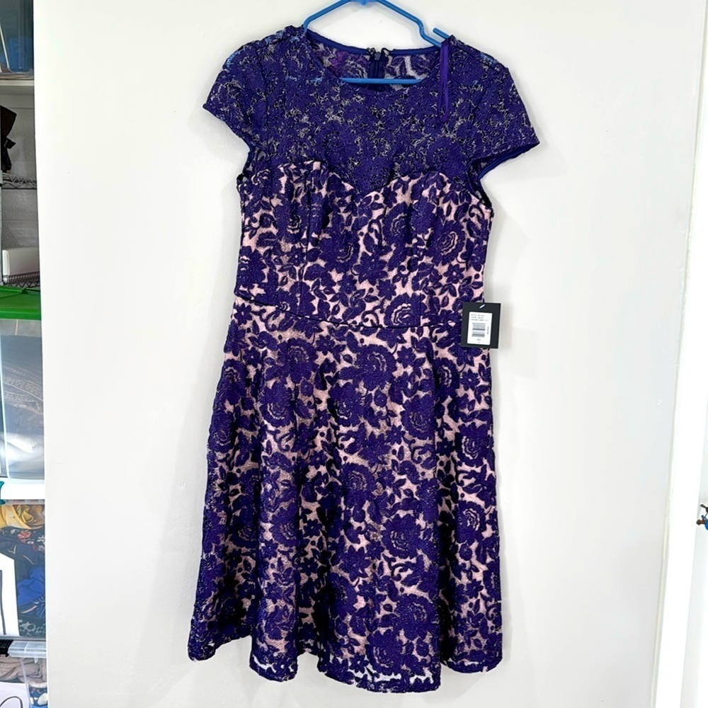 NWT Marina Metallic purple lace cocktail party dress